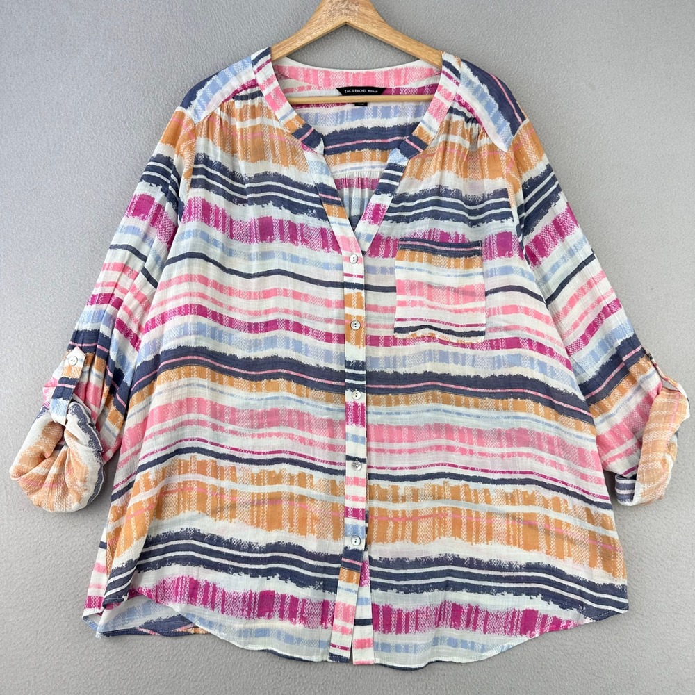Zac & Rachel Button Up Blouse Womens 3X Striped Roll Tab Sleeve Pink Colorful